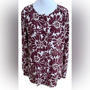LOFT Maroon + Beige Large Print Floral Chiffon Long Sleeve Blouse Small